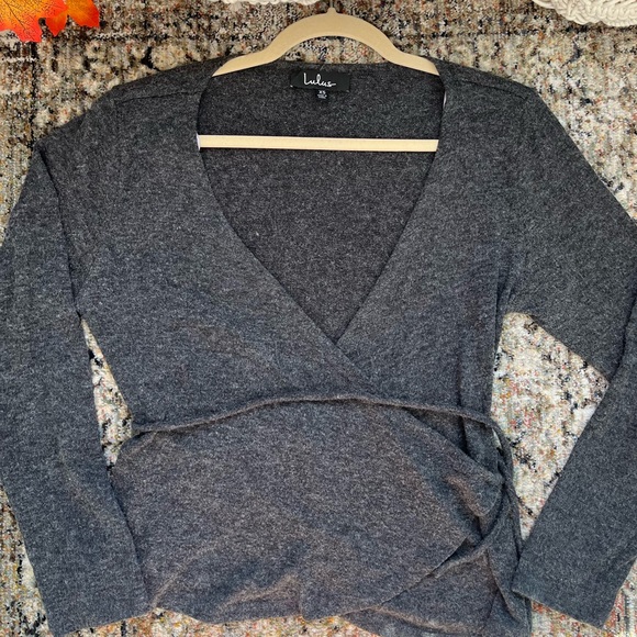 Lulus Flattering Charcoal Grey Wrap Tie Knit Sweater - Picture 2 of 14